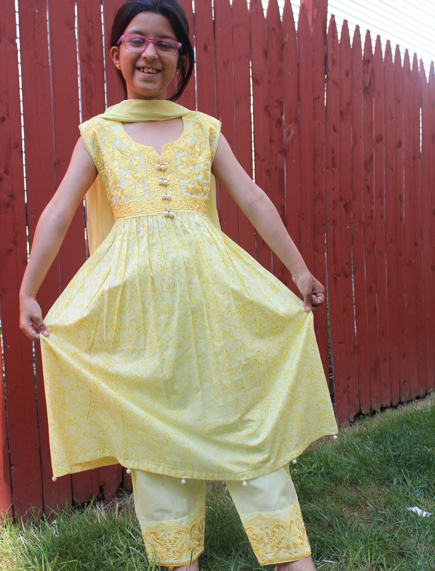 Pakistani Embroidered Yellow Cotton Dress