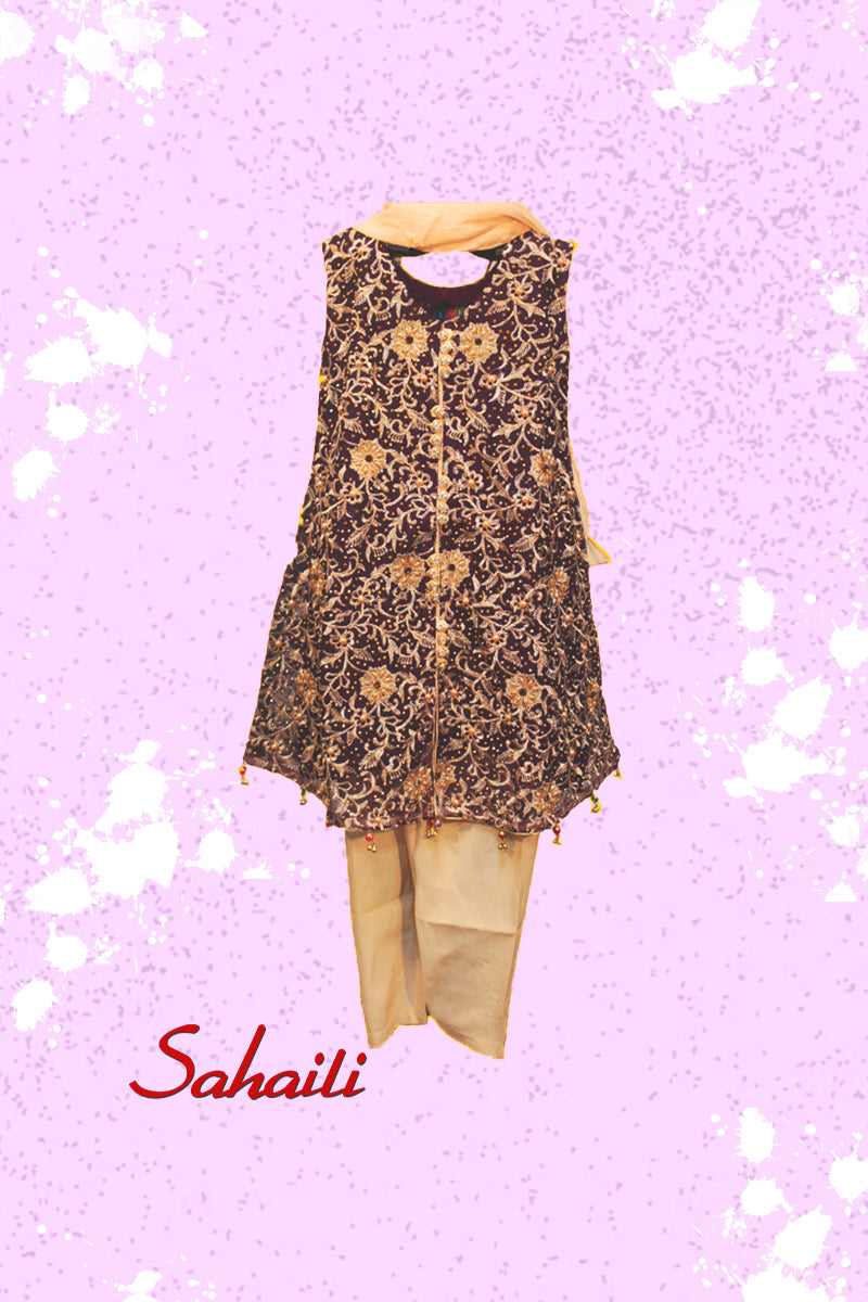 Pakistani Brown Embellished Kids Dress