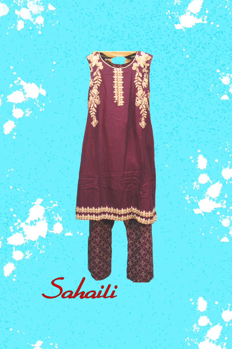 Pakistani Maroon Embroidered Cotton Dress