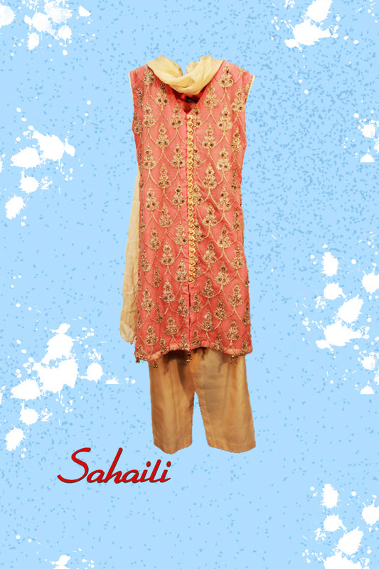 Pakistani Embellished Kids Coral Dress