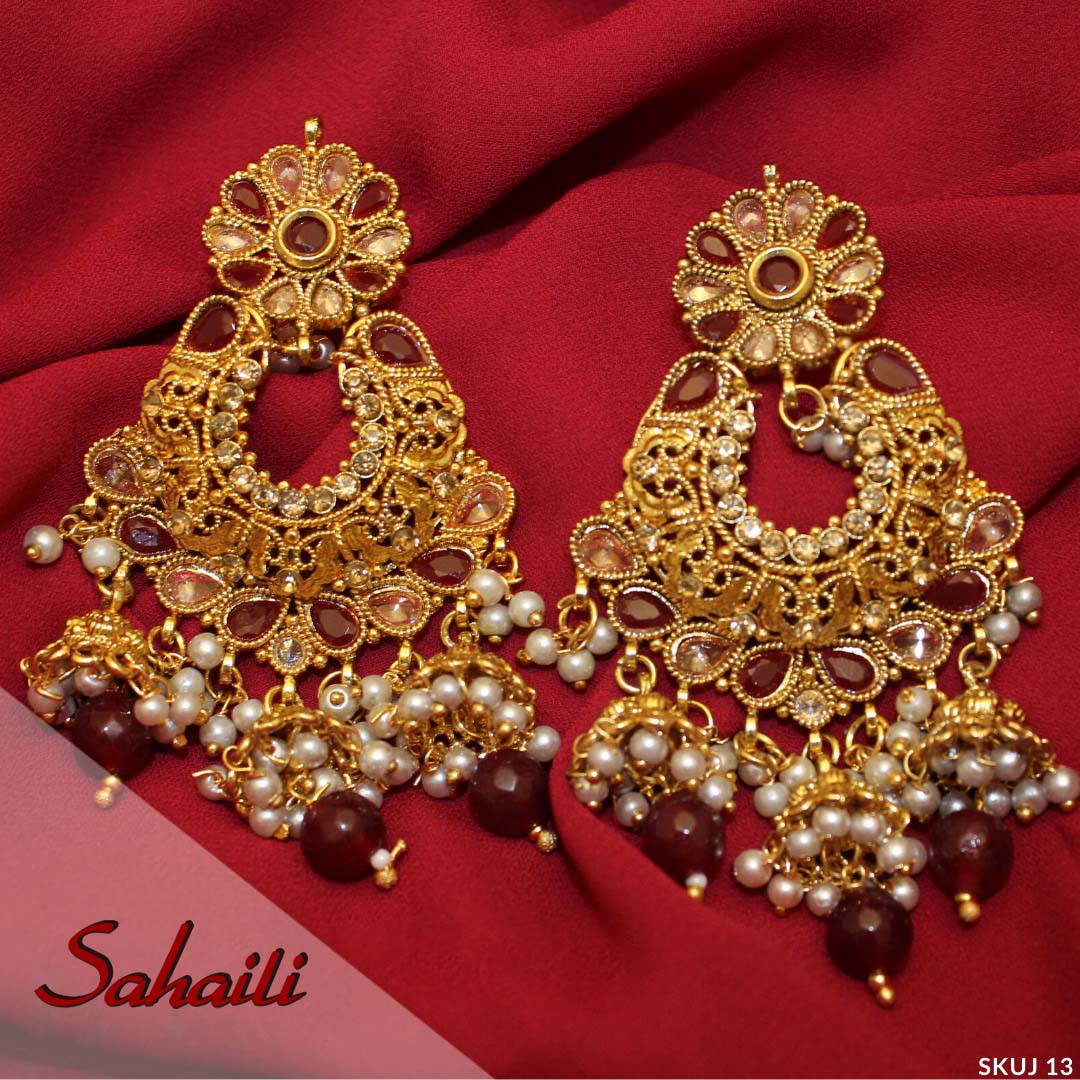 Pakistani Red Gold Chandbali Earrings